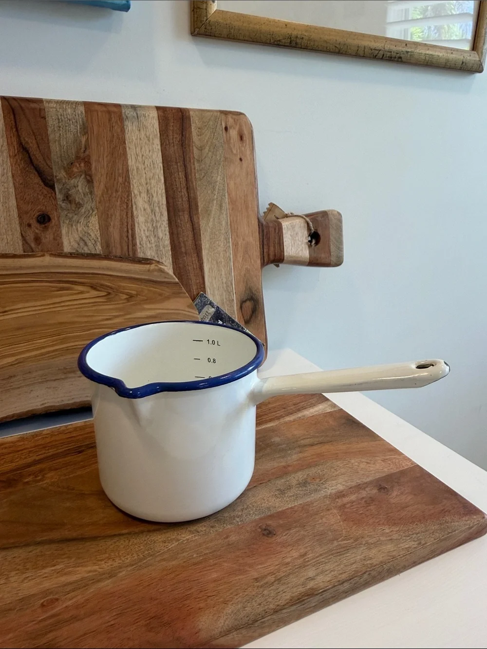 Vintage European White Enamel Milk Pan with Blue Rim